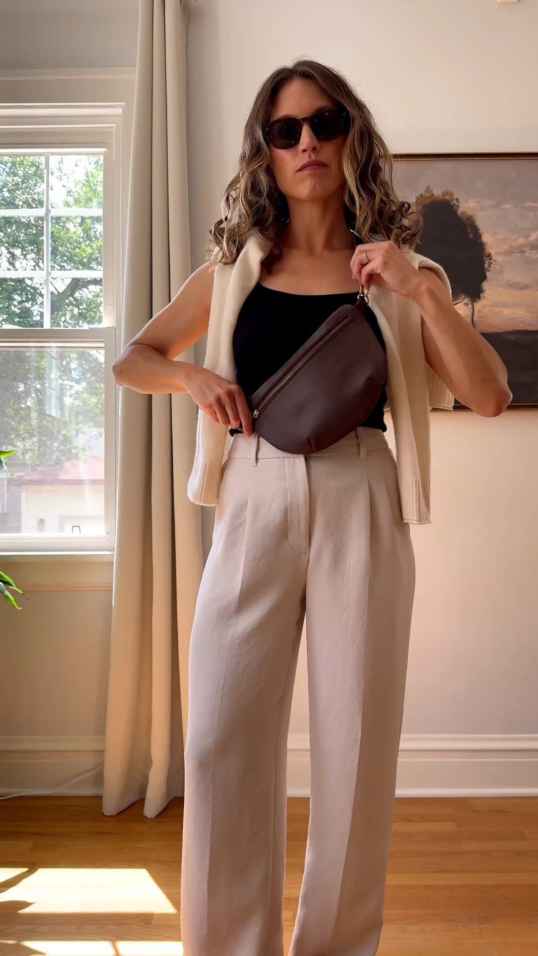 Mocha Sling Styling 

Buck Mason tank, S, I sized up. Aritzia trousers, 2, I took my larger size. Old Abercrombie sandals, similar linked. Quince sweater, XS, TTS. Abby Alley sling bag, ASHLEYR15 for 15% off. Quince sunglasses.

#LTKSeasonal #LTKOver40