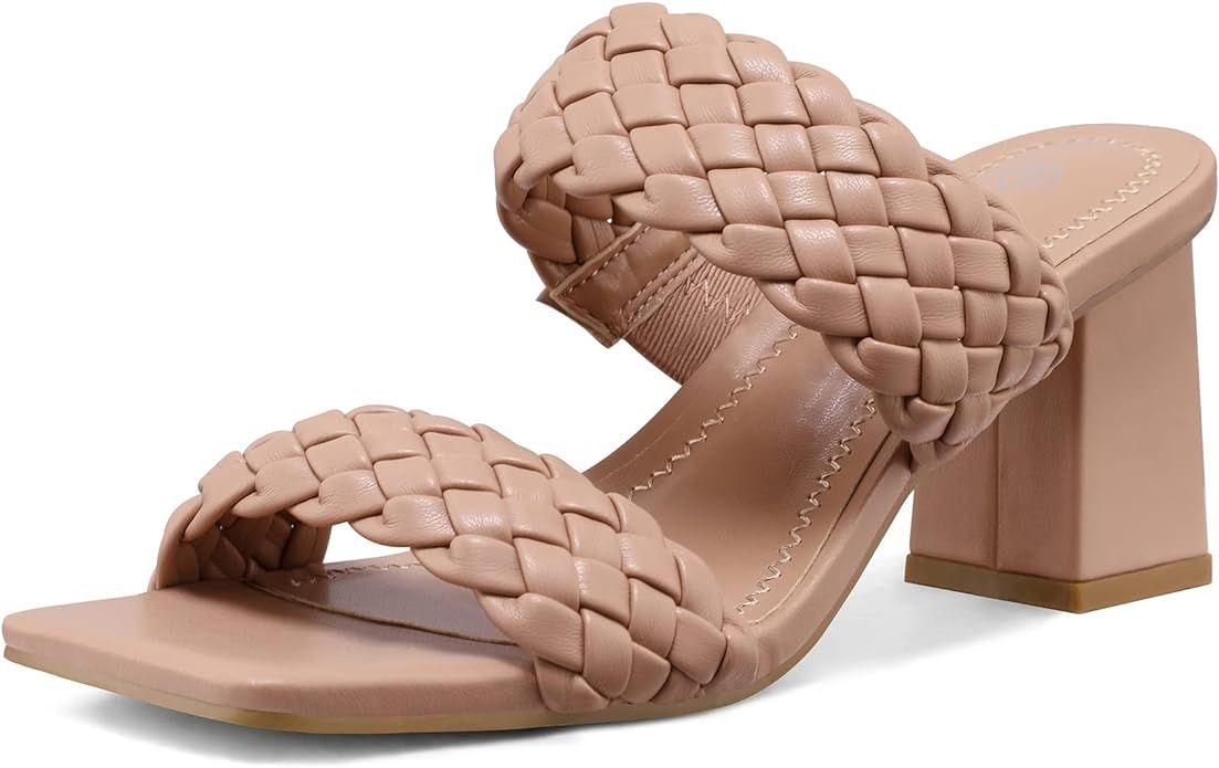 mysoft Women's Braided Heeled Sandals Strappy Square Open Toe Slip On Mules Chunky Block Heels | Amazon (US)
