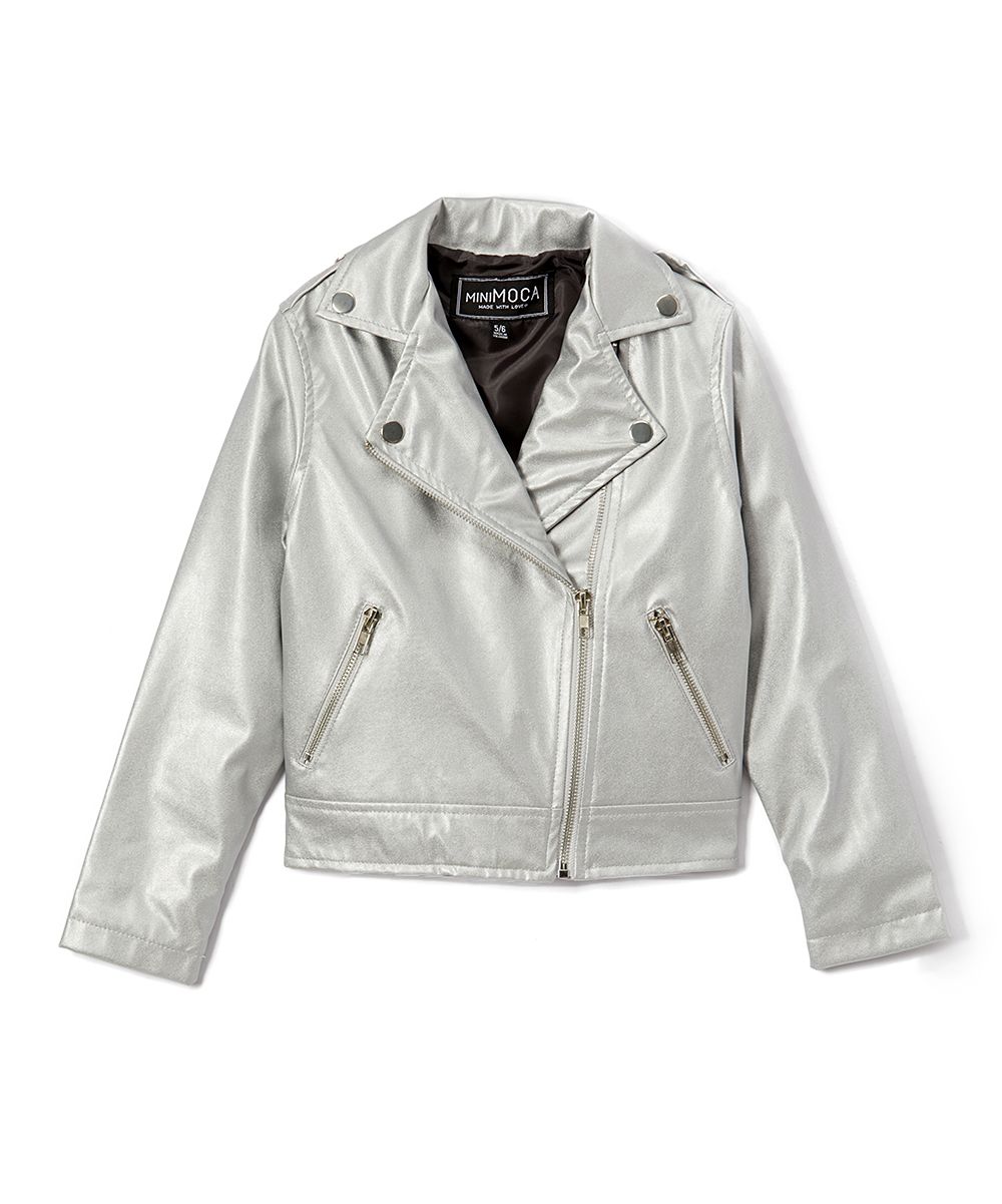 miniMOCA Girls' Leather Jackets Silver - Silver Metallic Moto Jacket - Girls | Zulily