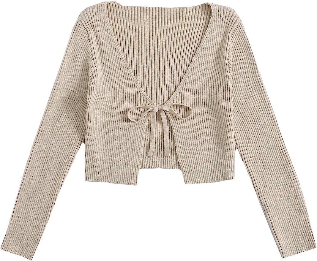 Floerns Women's Tie Front Long Sleeve Rib Knit Cardigan Crop Top | Amazon (US)