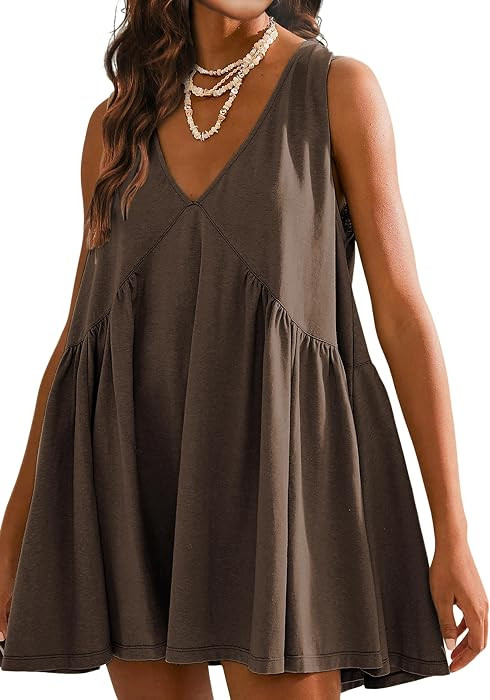 Sleeveless Mini Dress for Women 2026 Summer Casual V Neck Sundress Loose Babydoll Dress with Pockets | Amazon (US)