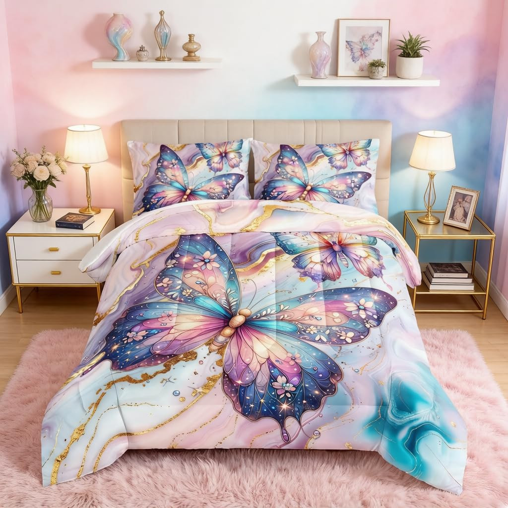HOSIMA Butterfly Twin Comforter Set,Two Colorful Butterflies Print Golden Marble Grain Ink Fluid ... | Amazon (US)
