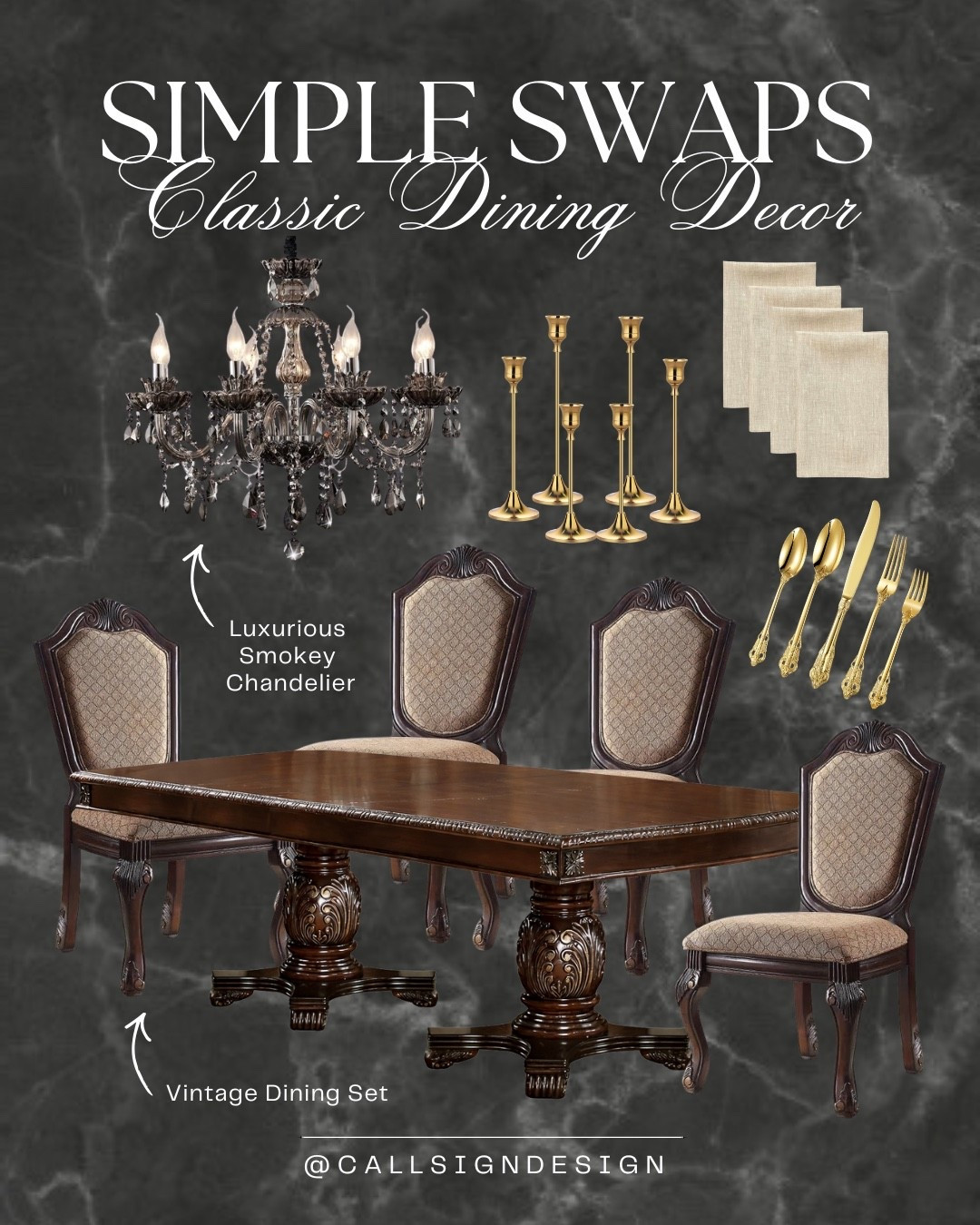 Old school classic dining decor that feels rich, dramatic, and timeless. Gold accents, a smoky chandelier, and a matching ornate dining set come together to create a space that feels elevated, cohesive, and made for gathering. ✨ 

#DiningRoomDecor #ClassicStyle #GoldAccents #SmokyChandelier #TimelessInteriors #HomeDecor #DesignDetails #callsigndesign