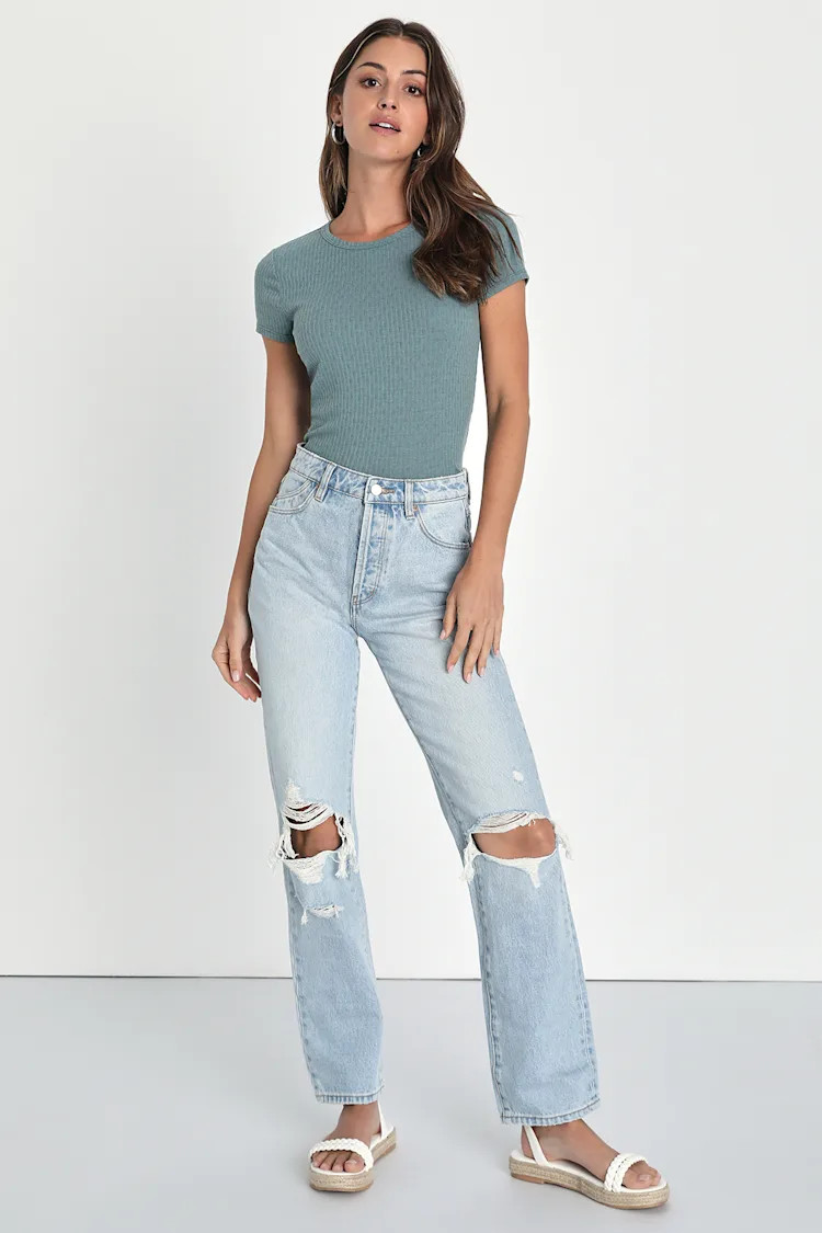 Classic Straight Light Wash Distressed High Rise Denim Jeans | Lulus (US)