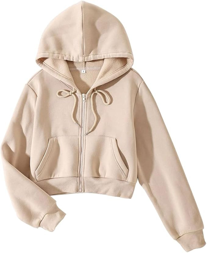 LOFAAC Women Fleece Full Zip Up Cropped Hoodie Sweatshirt 90s Long Sleeve Drawstring Hooded Crop ... | Amazon (US)
