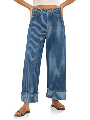 Cicy Bell Womens Striped Wide Leg Jeans Baggy Boyfriend High Waisted Cuffed Denim Pants with Pock... | Amazon (US)