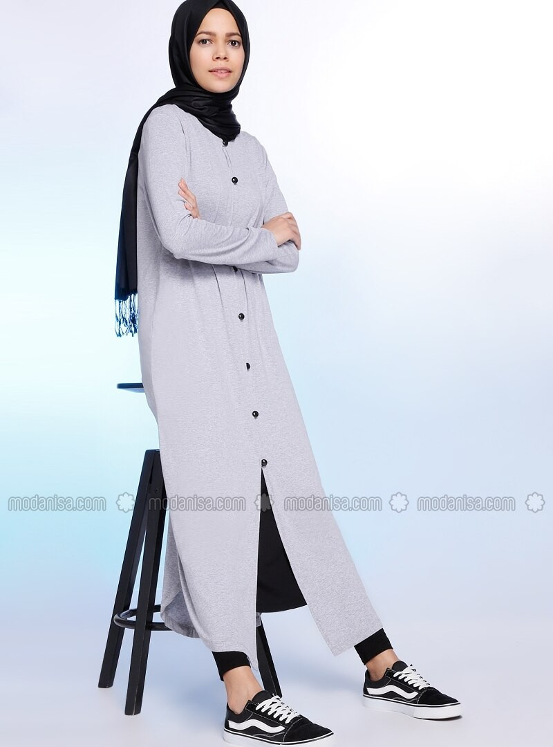 Gris - Col rond - Tunique - Benin | Modanisa FR