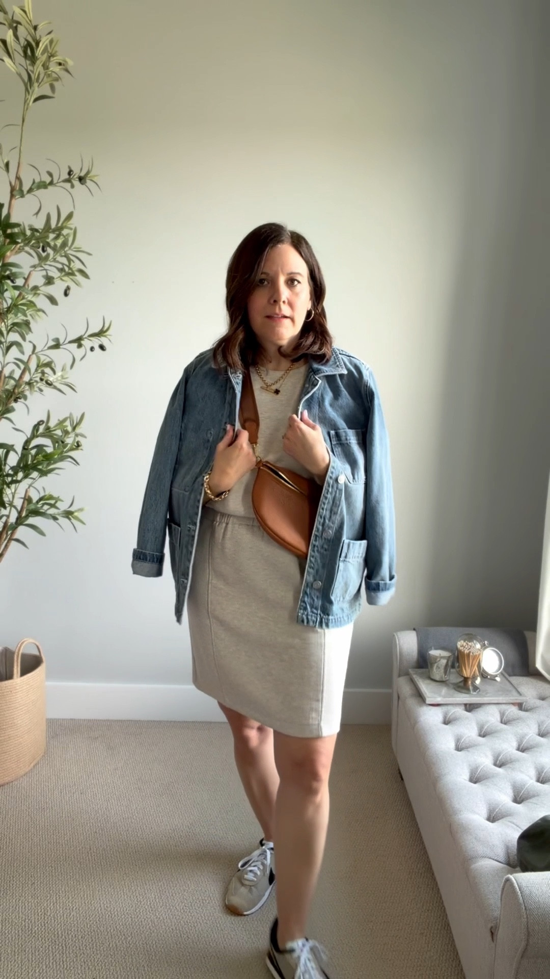 Saturday’s lunch and errands outfit. Our temps bounced around by 25 degrees this weekend. I added this dress to my closet in a second color. Last year I picked it up in black. Given how much I wore it, this oatmeal color gives me another option to rotate through as a shorts alternative. The material is smoothing and the defined waist makes it easy for a pear shape to wear. I’m in a medium with a 36-B bust and size 10 jeans. I’m wearing this @onequince jacket in a medium. It’s true to the sizing chart. 

#LTKOver40 #LTKSaleAlert #LTKMidsize