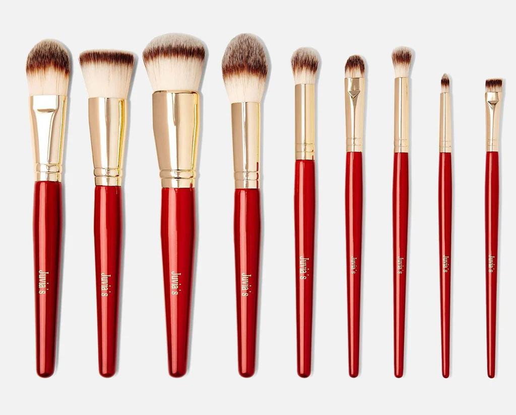 9-Piece Pro Red Face & Eye Makeup Brush Set | Juvia's Place