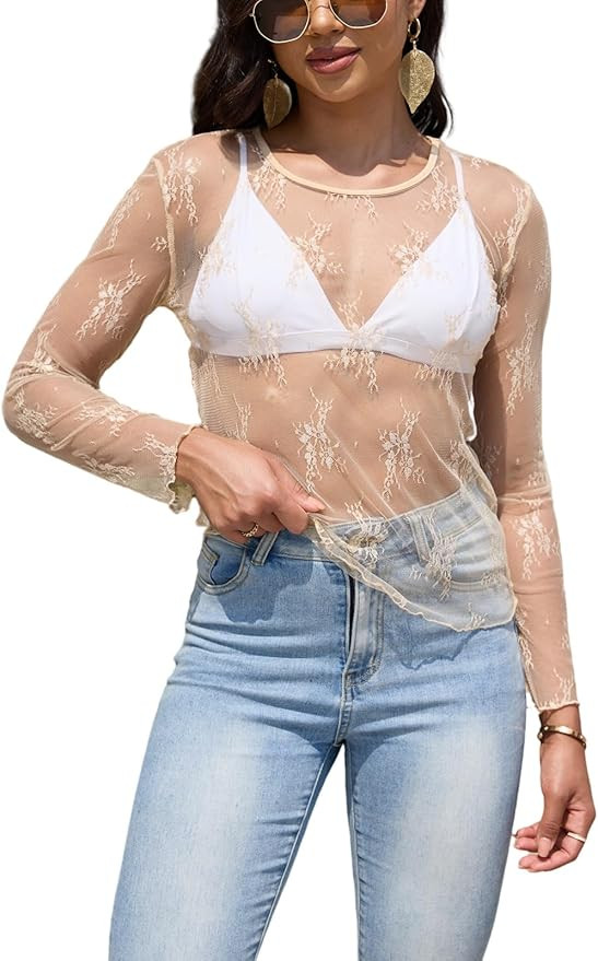 Lace Tops for Women Mesh Long Sleeve Top Crew Neck Sheer Blouse Sexy See Through Layering Shirts ... | Amazon (US)