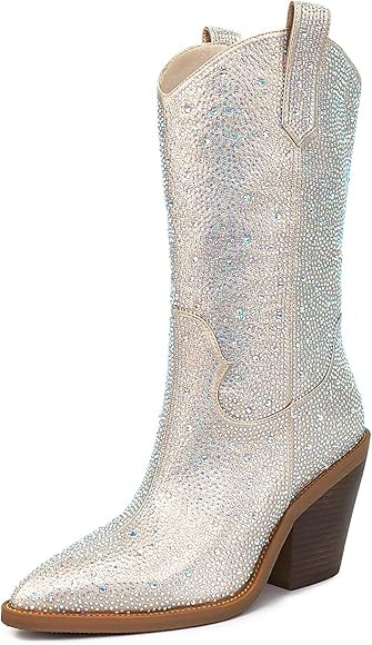 ISNOM Cowgirl Boots for Women, Embroidered Pointed Toe Chunky Heel Western Boots | Amazon (US)