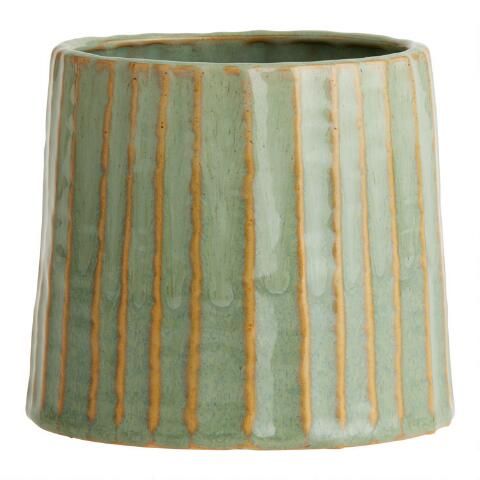 Green Glazed Ceramic Tapered Ribbed Planter | World Market