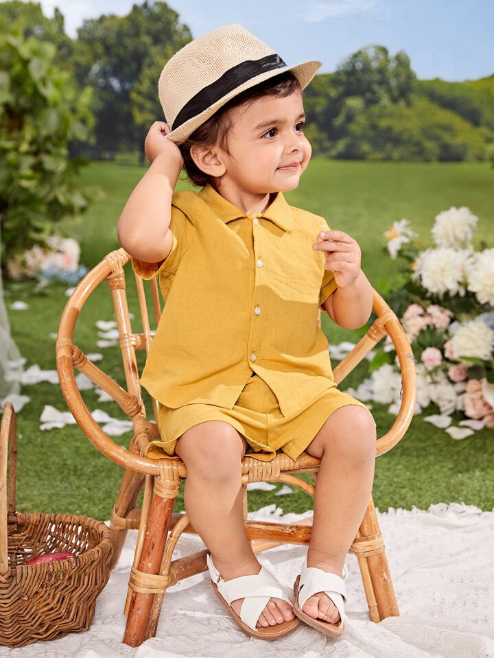 SHEIN Baby Boy Solid Button Front Shirt & Shorts Without Tee | SHEIN