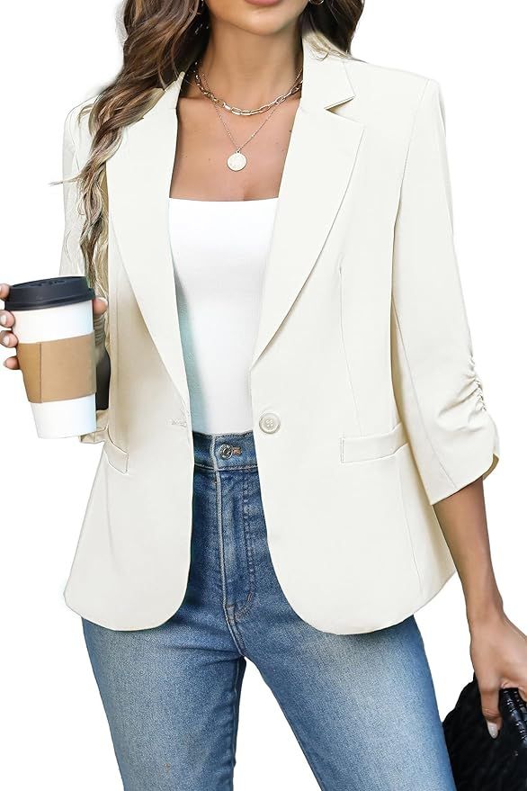Women's Ruched 3/4 Sleeve Blazers, Lightweight Slim Fit Suits with Padded Shoulder for Business C... | Amazon (US)