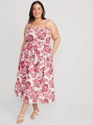 Waist-Defined Floral Linen-Blend Smocked Midi Cami Dress for Women | Old Navy (US)