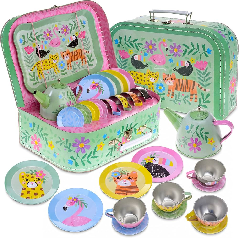 Jewelkeeper 15 Piece Kids Pretend Toy Tin Tea Set & Carrying Case - Safari Design | Amazon (US)