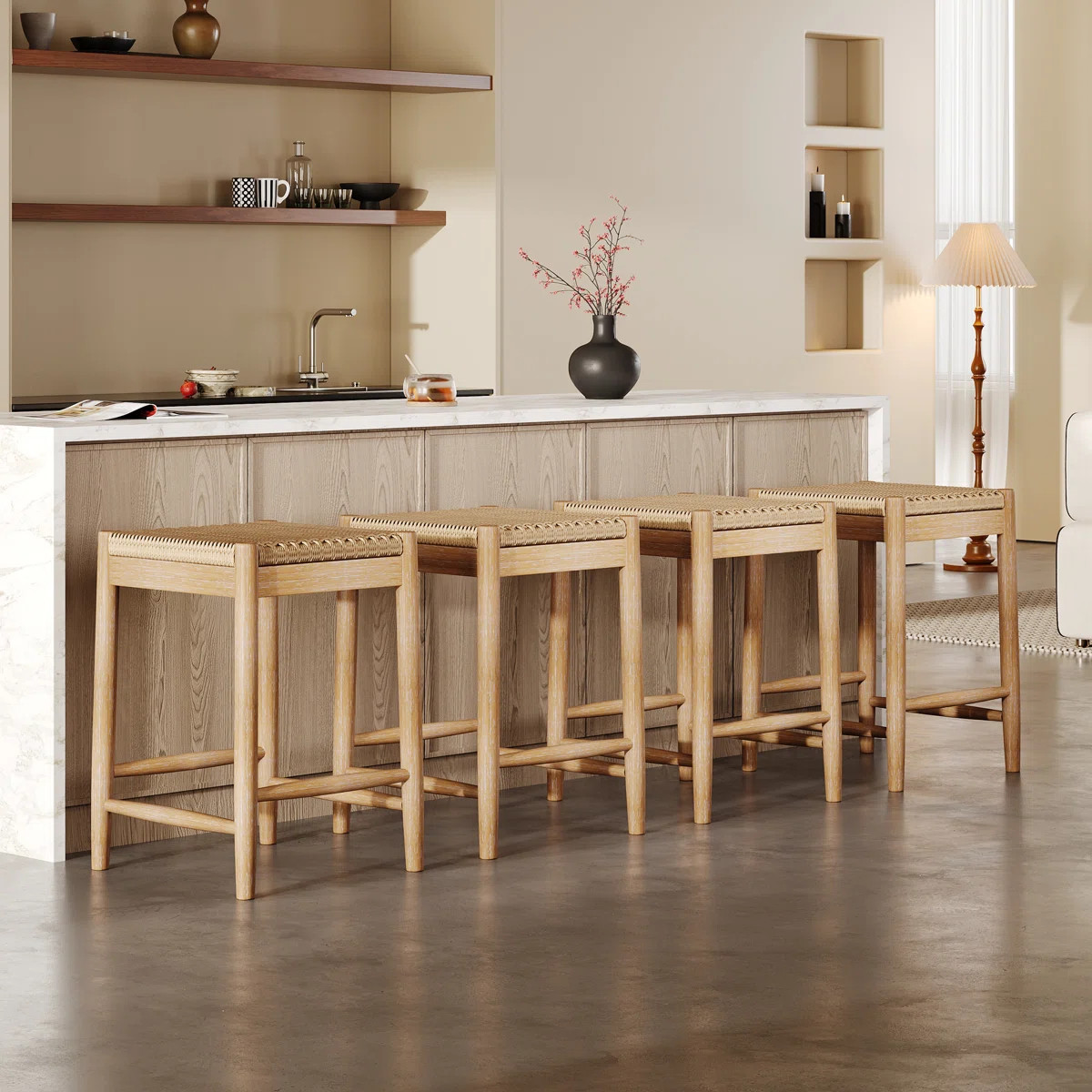 Sierra Rustic Solid Acacia Wood Counter Stools With Woven Rope Seat And Backless Design (Set of 4... | Wayfair North America