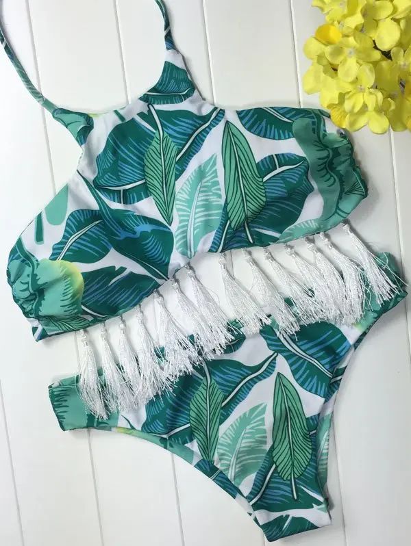 Printed Halter Tassels Bikini | Rosegal US
