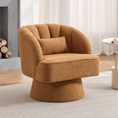 Modern 360¡ã Swivel Barrel Accent Chair - Teddy Fabric Upholstered Armchair with Striped Backrest & Plush Padding for Living Room, Bedroom, Brown | Target