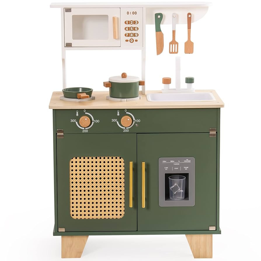 ROBUD Kids Kitchen Playset, Vintage Wooden Play Kitchen with Ice Dispenser, Pretend Toddlers Kitc... | Amazon (US)