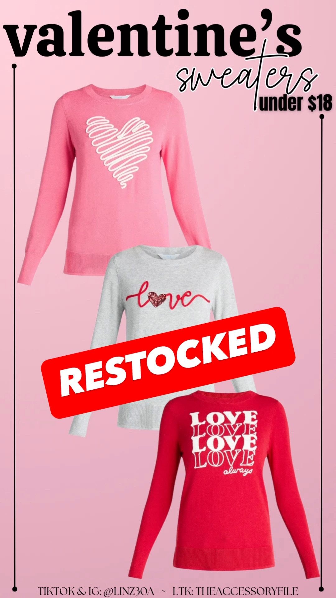 Valentine’s Day sweaters - last year, I got these in M. I got L in one for a looser, longer, oversized fit.

I’m 5’3”, 120, 30-27-38.#LTKHoliday

#LTKSeasonal #LTKFindsUnder50 #LTKStyleTip