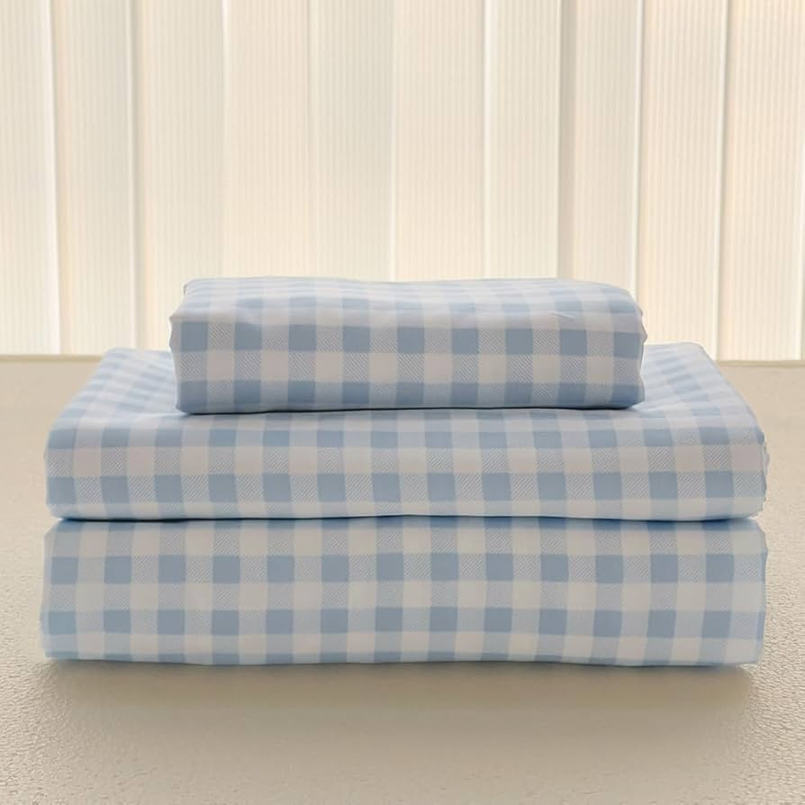 Light Blue Gingham Full Sheet Set, Soft Brushed Microfiber Baby Blue Plaid Queen Bed Sheets, 4-Pi... | Amazon (US)