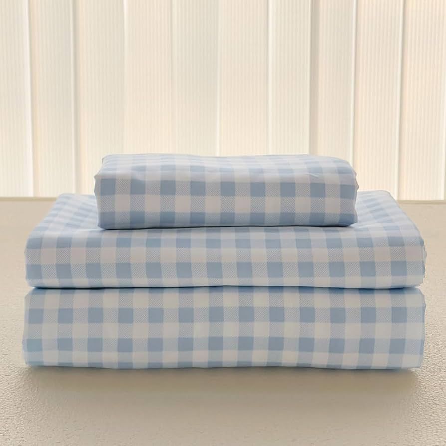 Light Blue Gingham Full Sheet Set, Soft Brushed Microfiber Baby Blue Plaid Queen Bed Sheets, 4-Pi... | Amazon (US)