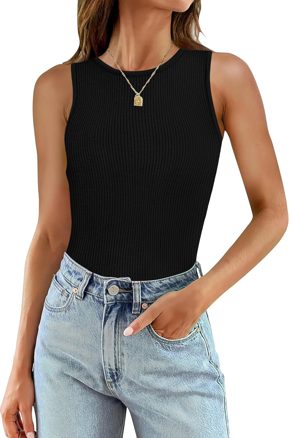 SAMPEEL Womens Fashion Ribbed Shirts Sleeveless Work Tank Tops | Amazon (US)