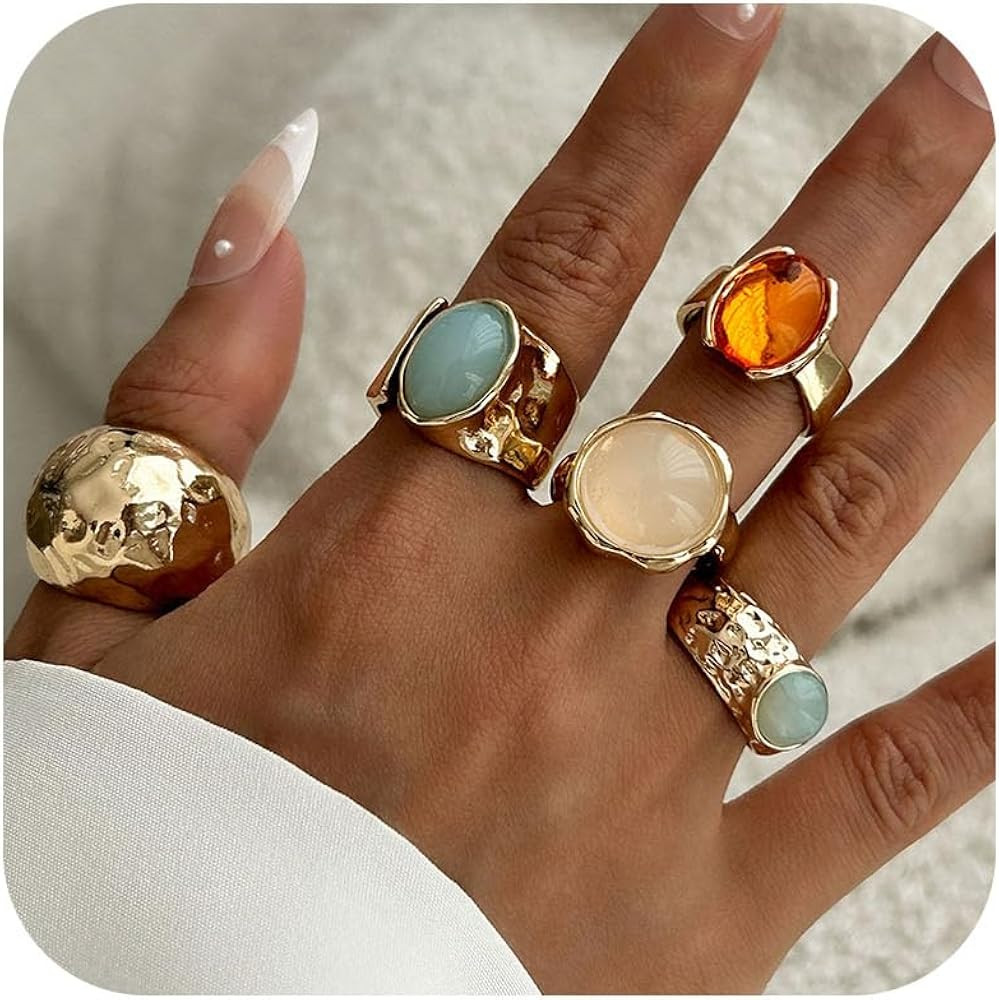 Amazon.com: Frodete Gold Chunky Stackable Rings Stone Accent Statement Jewelry for Everyday : Clo... | Amazon (US)