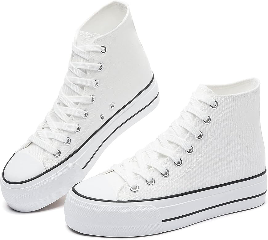 FINIWOR Platform Sneakers for Women White High Top Canvas Shoes Classic Black Platform Shoes Lace-Up | Amazon (US)