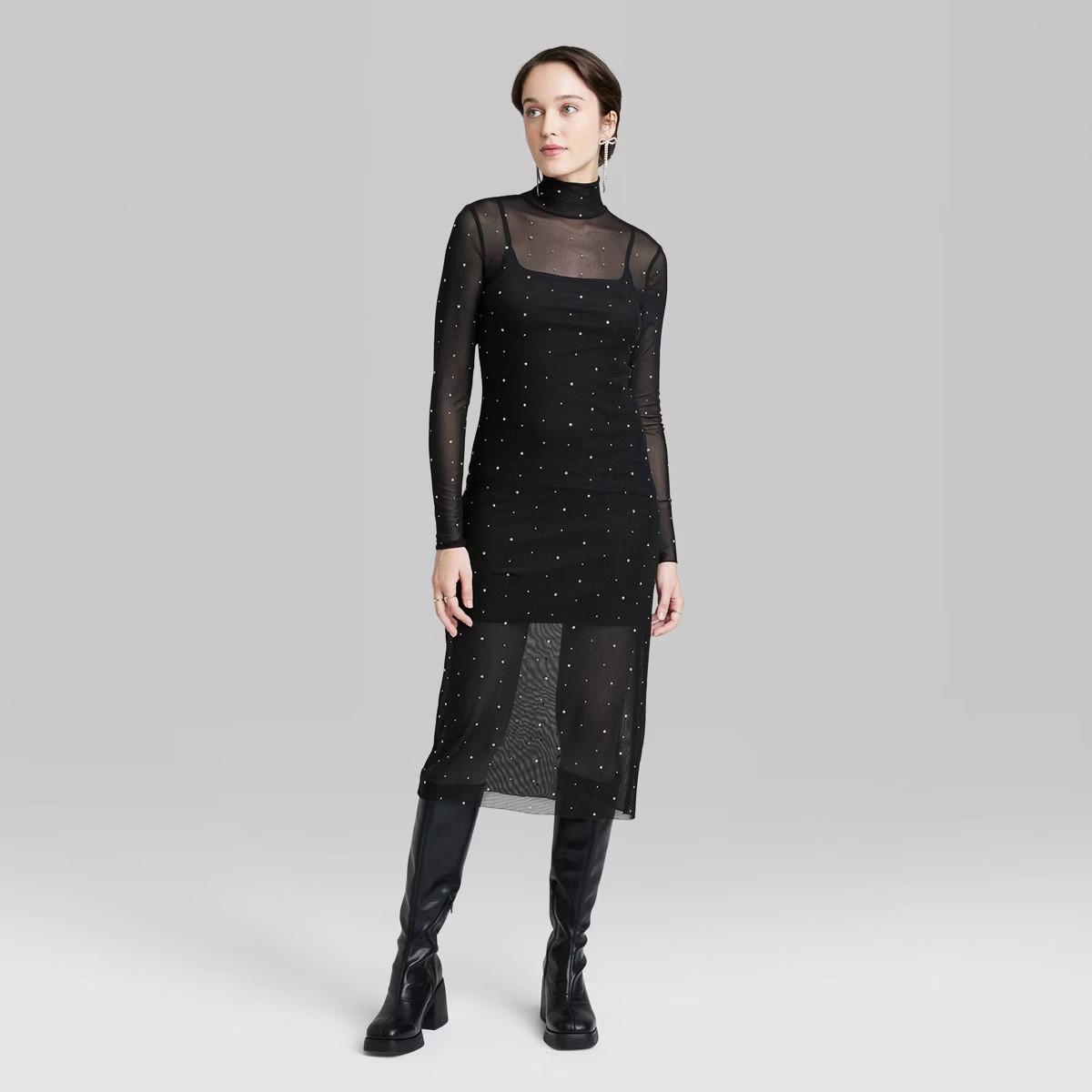 Women's Long Sleeve Rhinestone Mesh Midi Dress - Wild Fable™ Black | Target