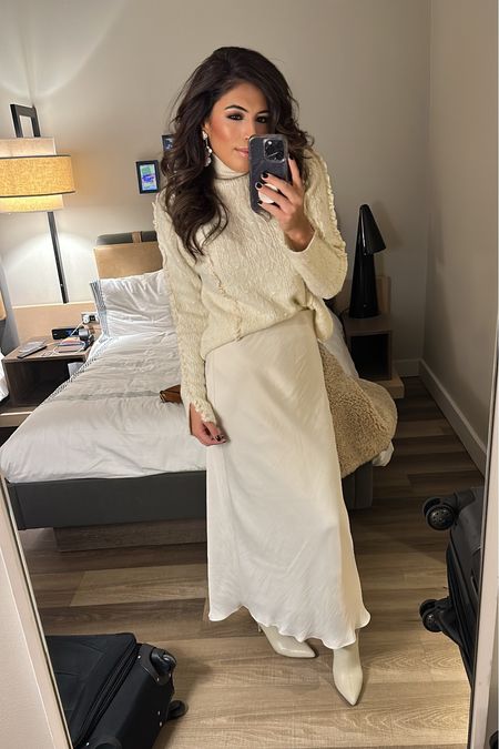 So much love for this outfit in my stories the other night. Linked a similar skirt and available in different colors. #winterwhites #winterstyle #silkskirt 

#LTKCyberSaleIE #LTKHoliday #LTKfindsunder50