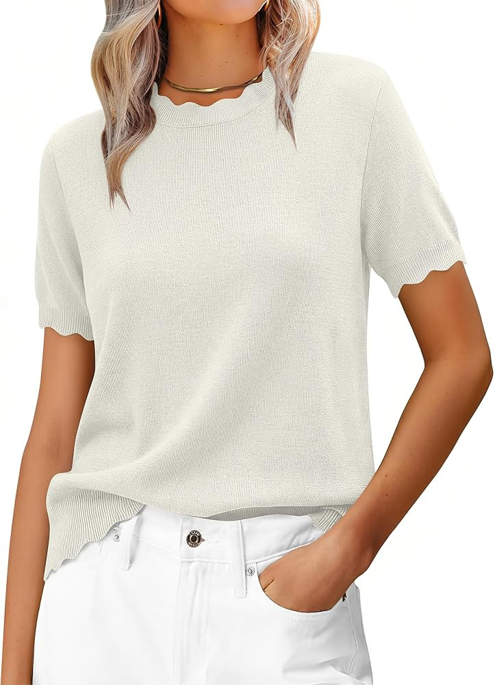 ANRABESS Womens Short Sleeve Sweater Wool Blend Scalloped Cute Summer Dressy Tops Business Casual... | Amazon (US)