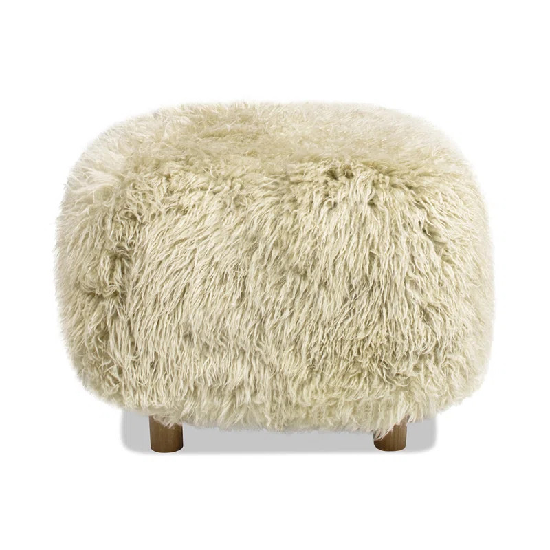 Enchante 24.5" Mongolian Sheepskin Rectangular Accent Ottoman, Taupe Beige Genuine Fur | Wayfair North America