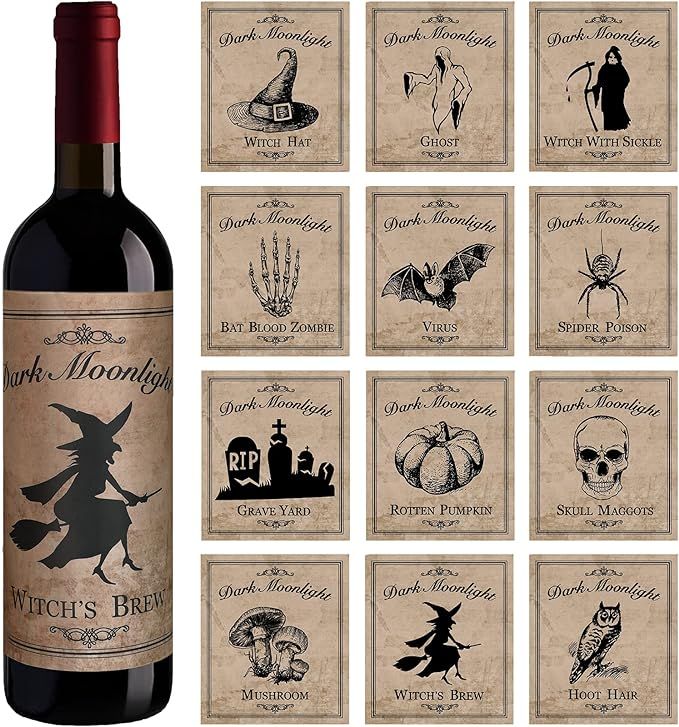 Perkoop 12 Pieces Halloween Wine Bottle Labels Halloween Beer Bottle Labels Sticker Waterproof Wi... | Amazon (US)