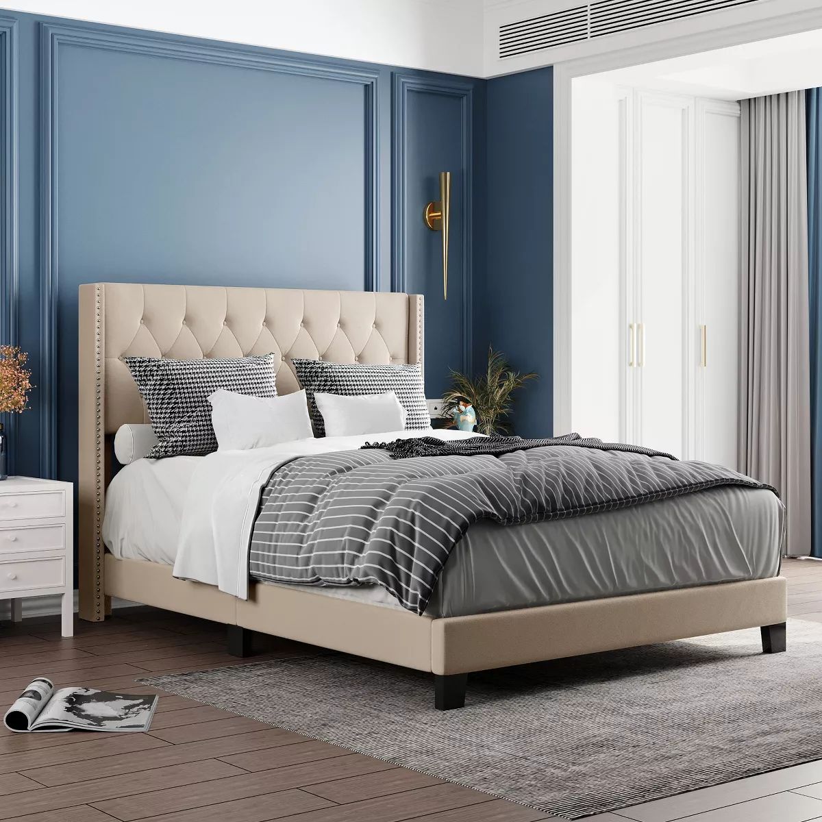 Queen Size Upholstered Platform Bed with Classic Headboard, Beige - ModernLuxe | Target