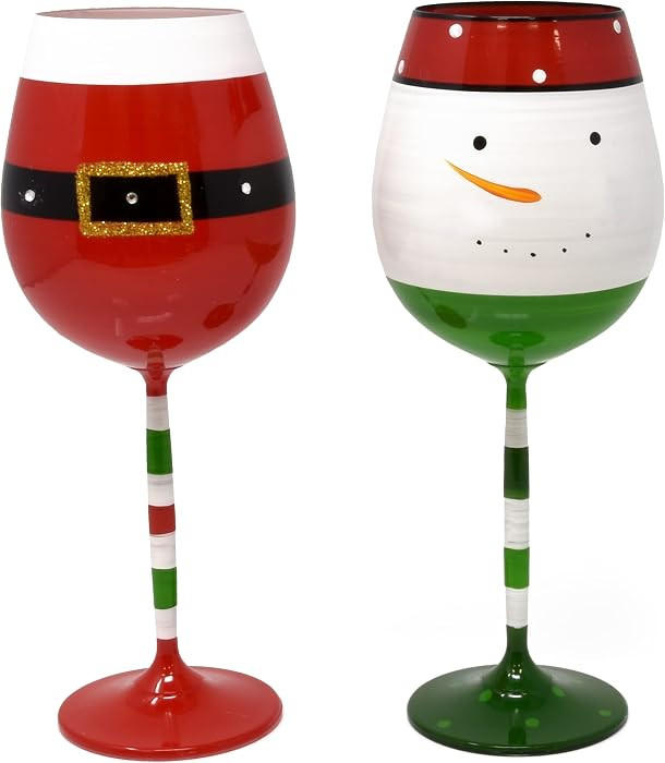 Christmas Wine Glasses 16.8 Oz Set of 2 Festive Santa Belt and Snowman | Amazon (US)