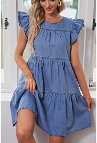 luvamia 2023 Denim Dress for Women Summer Babydoll Sleeveless Ruffle Sleeve Mini Dresses Loose Fl... | Amazon (US)