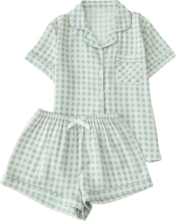 Verdusa Women's Plaid 2 Piece Cute Pajama Sets Short Sleeve Button Down Shirts with Shorts Lounge... | Amazon (US)