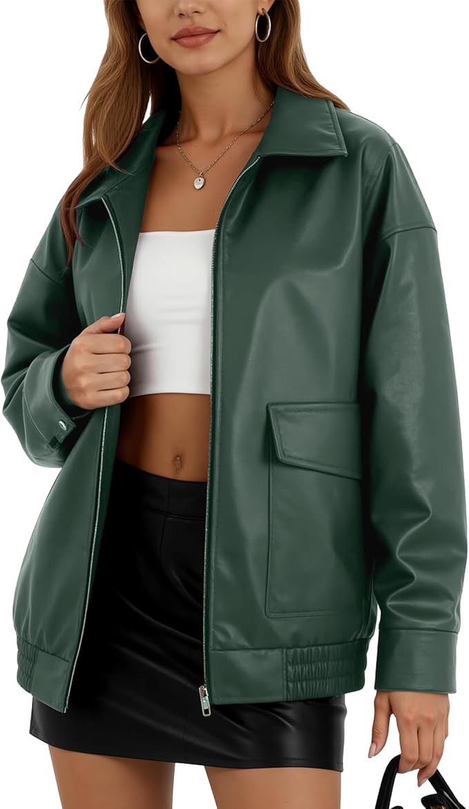 Oversize Leather Jacket Women Faux Motorcycle Coats Bomber with Double Pockets,2025 Fall,Winter F... | Amazon (US)
