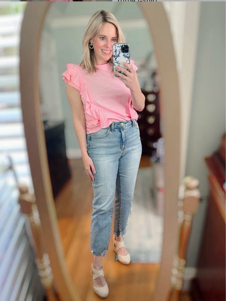 Straight, high waisted mom jeans, espadrille wedge, pink ruffle t-shirt 

#LTKOver40 #LTKFindsUnder100 #LTKFindsUnder50
