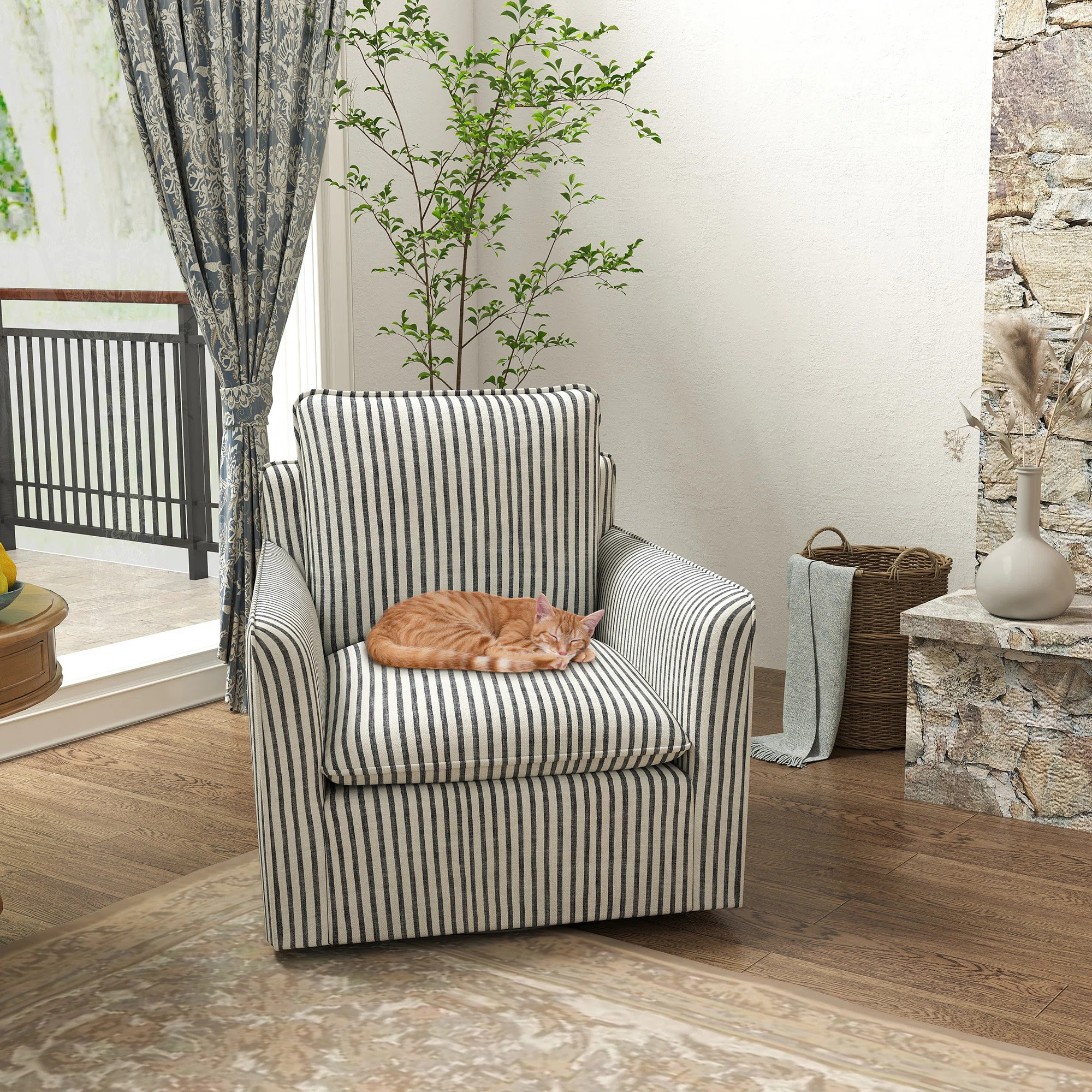 Kandyn 29.7" W Modern Soft Stripe Upholstered Swivel Barrel Chair with Removable Cushion | Wayfair North America