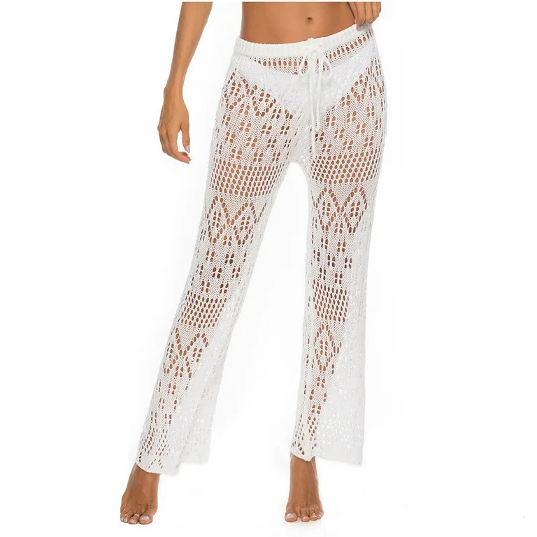 Fewfanhot Women's Crochet Cover Up Pants, High Waist Drawstring Wide Leg Beach Pants, Solid Color... | Walmart (US)