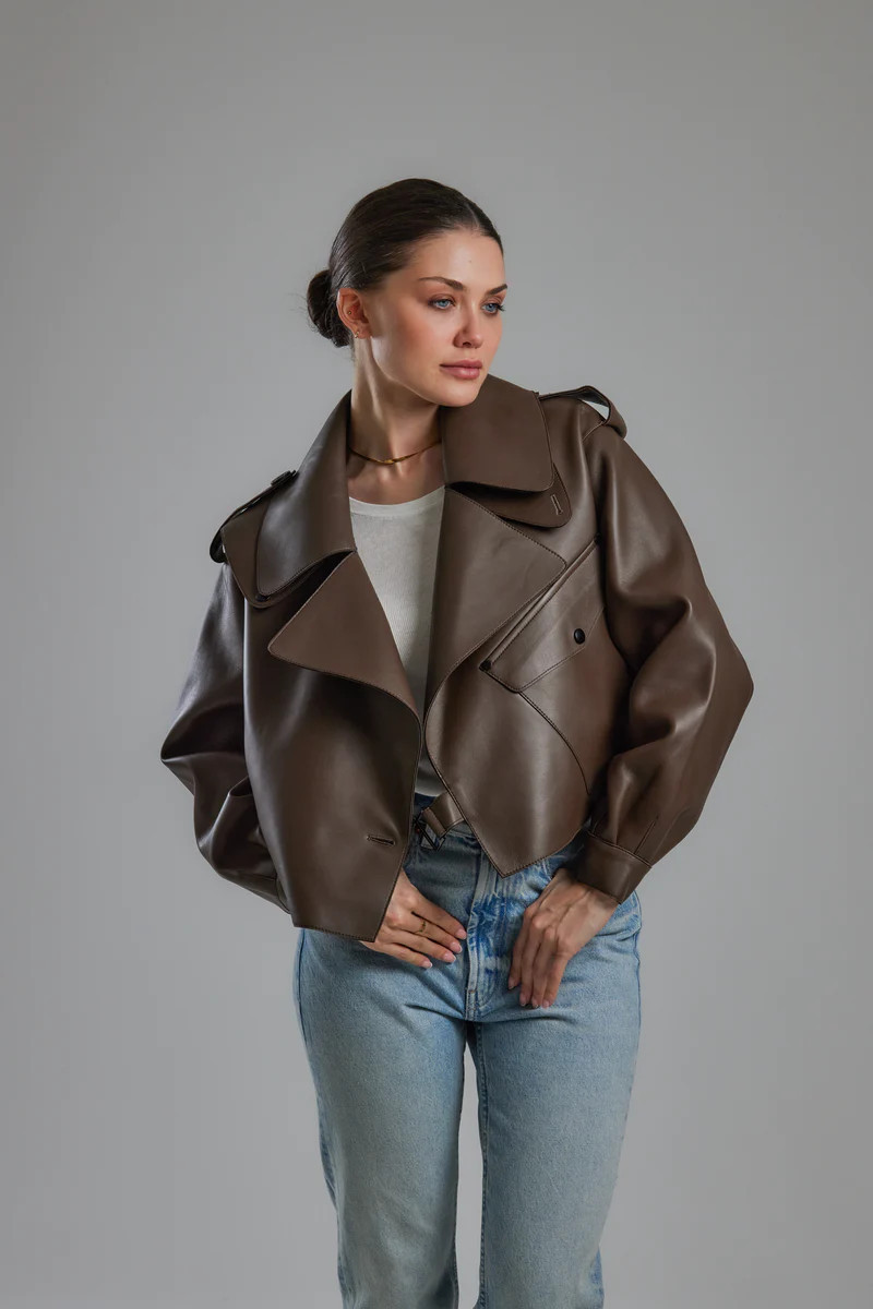 Chocolate Oversized Leather Jacket | DE SAVARY LONDON