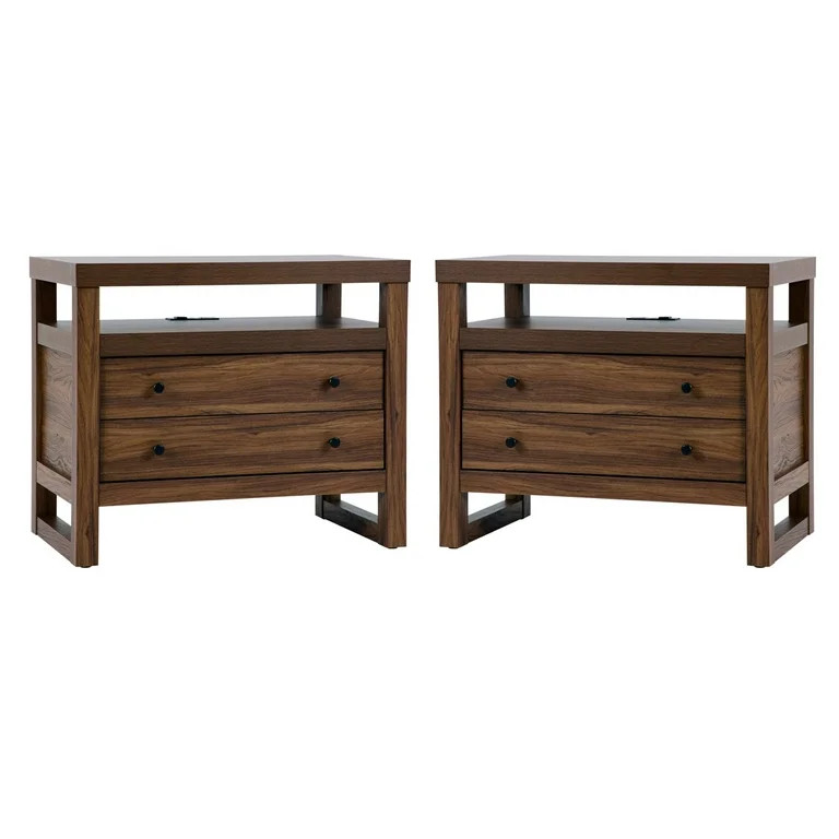 (2 pack) Better Homes & Gardens Ezra 2-Drawer Nightstand with USB, Walnut Finish | Walmart (US)