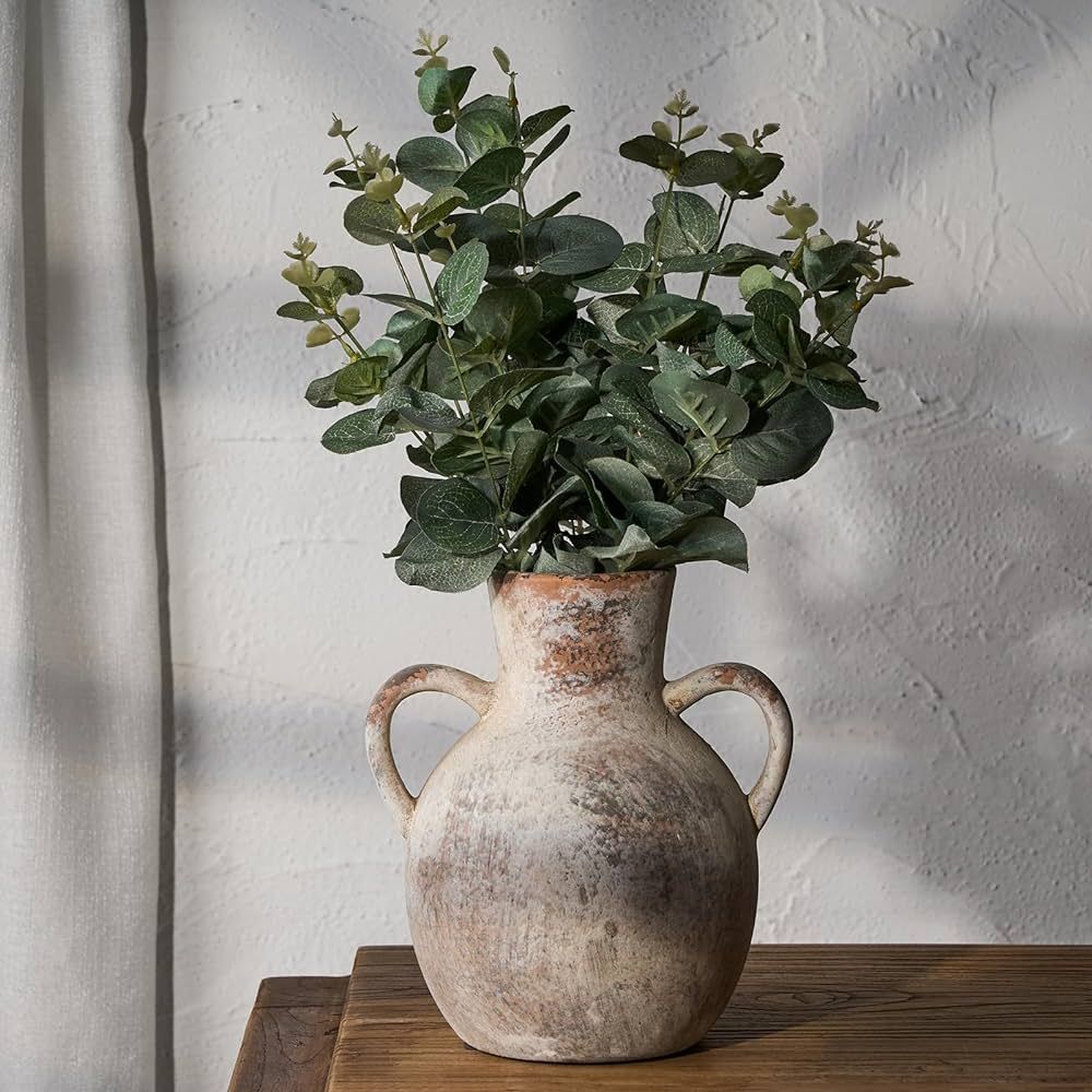 SIDUCAL Rustic Ceramic Farmhouse Flower Vase with 2 Handles, Whitewashed Terra Cotta Vase, Decora... | Amazon (US)