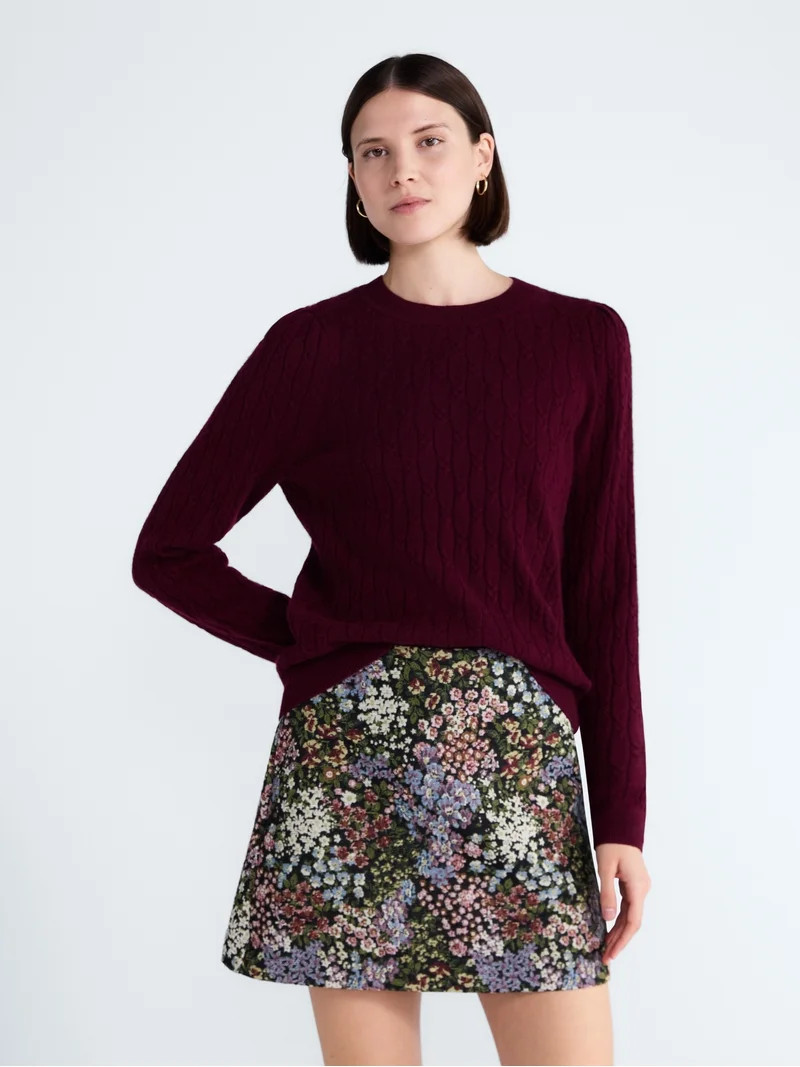 Free Assembly Women's Cashmere Cable Knit Sweater with Puff Sleeves, Midweight, Sizes XS-XXL | Walmart (US)