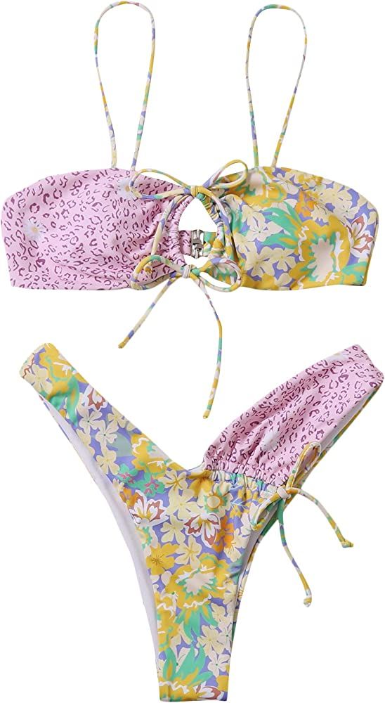 SOLY HUX Women's Floral Print Tie Front High Cut Bikini Bathing Suit 2 Piece Swimsuits | Amazon (US)