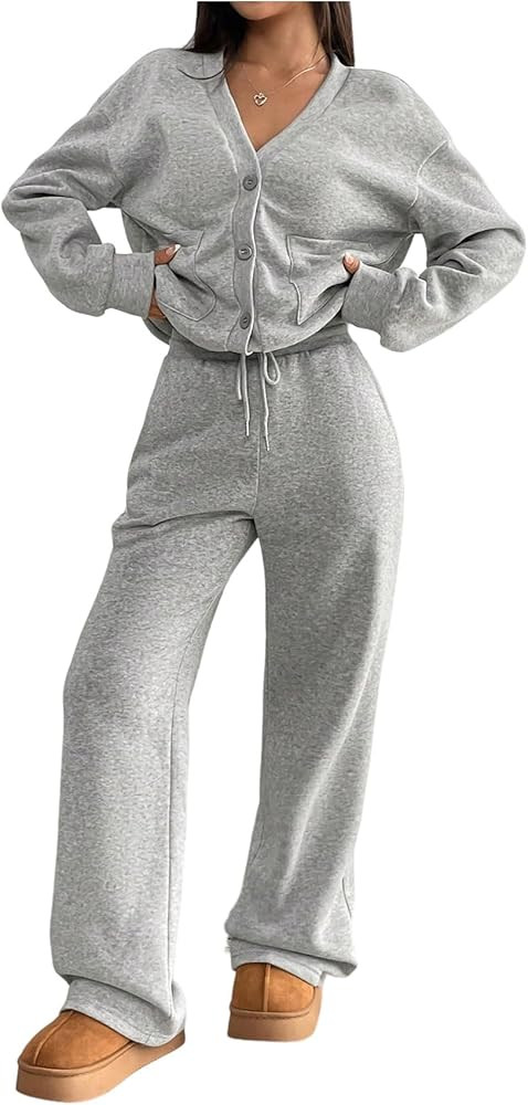 SOLY HUX Women's Fall Clothes Button Down Cardigan Top and Pants Sweatsuit 2 Piece Outfits | Amazon (US)