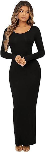 Floerns Women's Solid Long Sleeve Scoop Neck Bodycon Pencil Maxi Dress | Amazon (US)